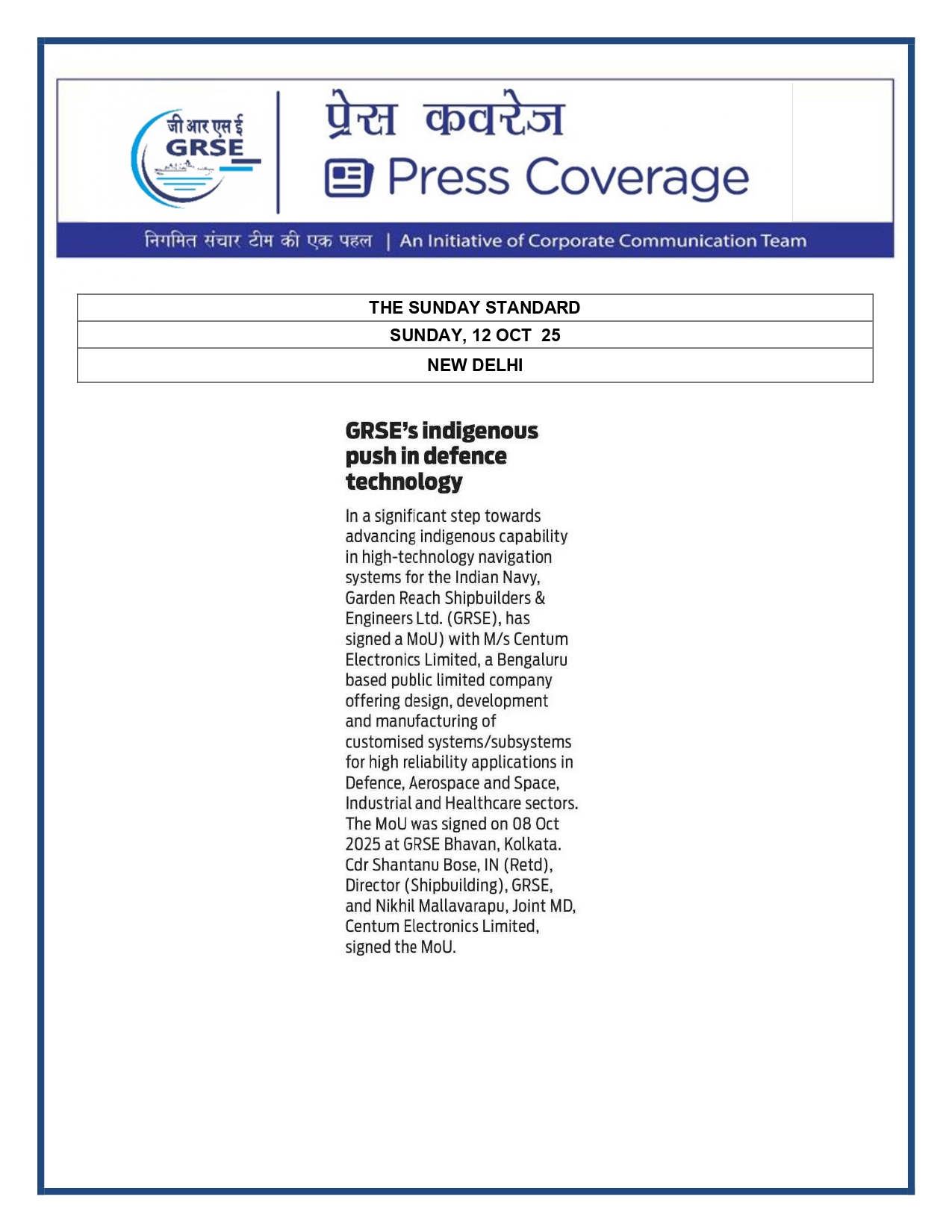 Press Coverage: 12 Oct 25:GRSEs indigenous push in defence technology